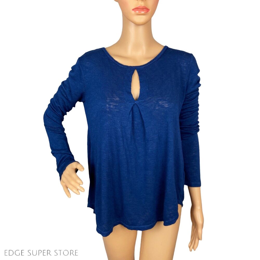 Velvet Dark Navy Blue Long Sleeve Keyhole Scoop Neck Pleated Top Size XSmall
